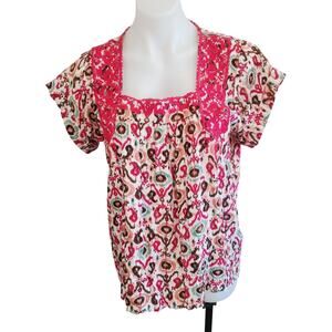 Solitaire Cotton Ikat Print Boho Embroidered Blouse XL Pink Red Short Sleeve Top
